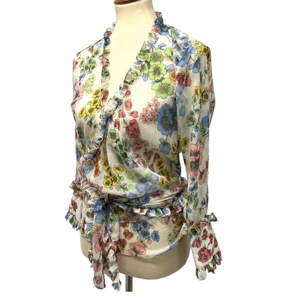 Alexis Missie Floral Sheer Long Sleeve Wrap Tie Top Women’s Small - Picture 10 of 13